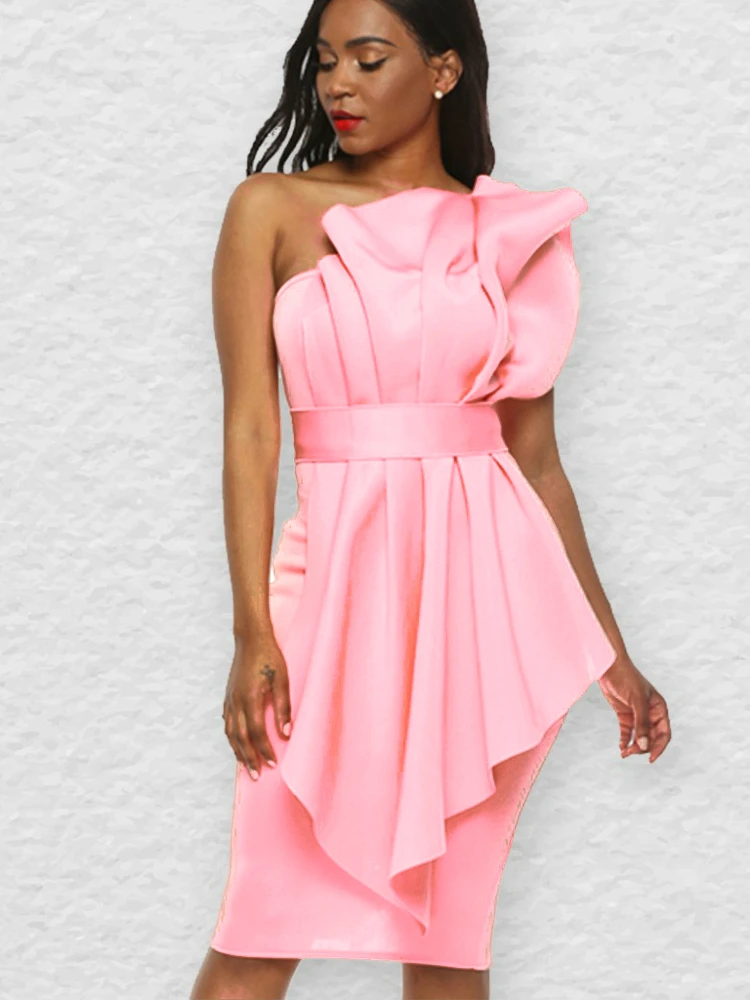 

Pink Tube Top Dress Ruffles Sexy Bodycon Birthday Party Bare Shoulder Backless Stylish with Waist Belt Event Dinner Night Robes
