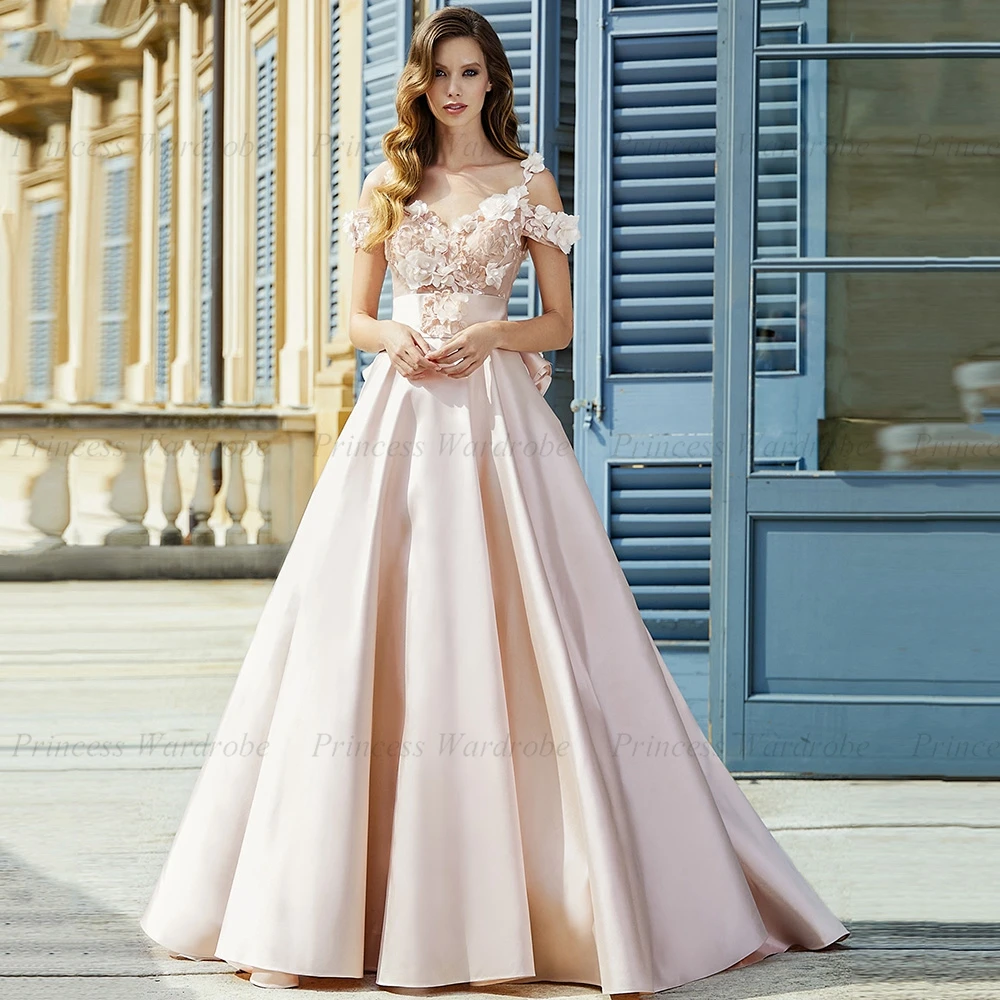 

Gorgeous Wedding Dresses V-Neck Off The Shoulder Back Bow A-Line Flowers Bridal Party Gowns vestido de novia robe de mariée
