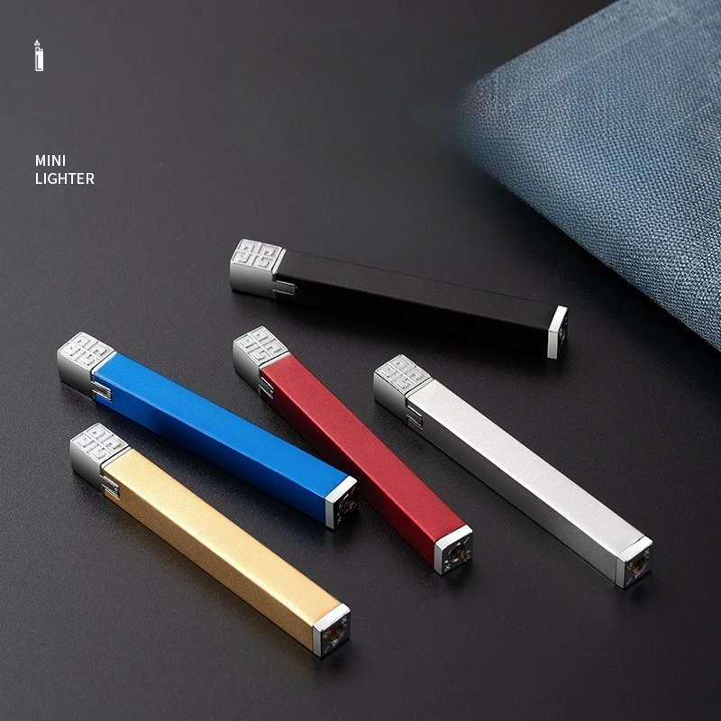 Фото Миниатюрная металлическая зажигалка, тонкая, винтажная, ветрозащитная, многоразовая, на бутане, матовая, карманная EDC-зажигалка для сигарет №3