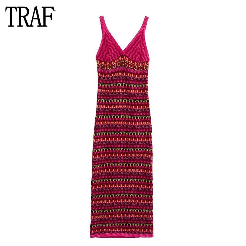 

TRAF Striped Knitted Dresses Woman Slip Long Dresses for Women Sexy Backless Beach Female Dress Straps Maxi Summer Dress Women