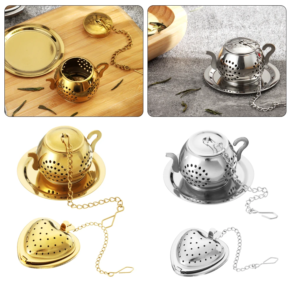 

1Pc Teapot/Heart Shaped Tea Strainer with Chain Stainless Steel Tea Infuser Loose Tea Spice Filter Diffuser Teaware Gold Silver
