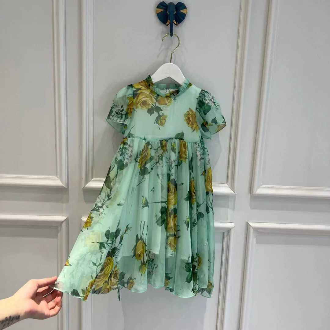 

2022 Summer Green Pink Flower Printed High Quality Chiffon Girls Dress Party Princess Wedding dress Teenage Girls Clothing