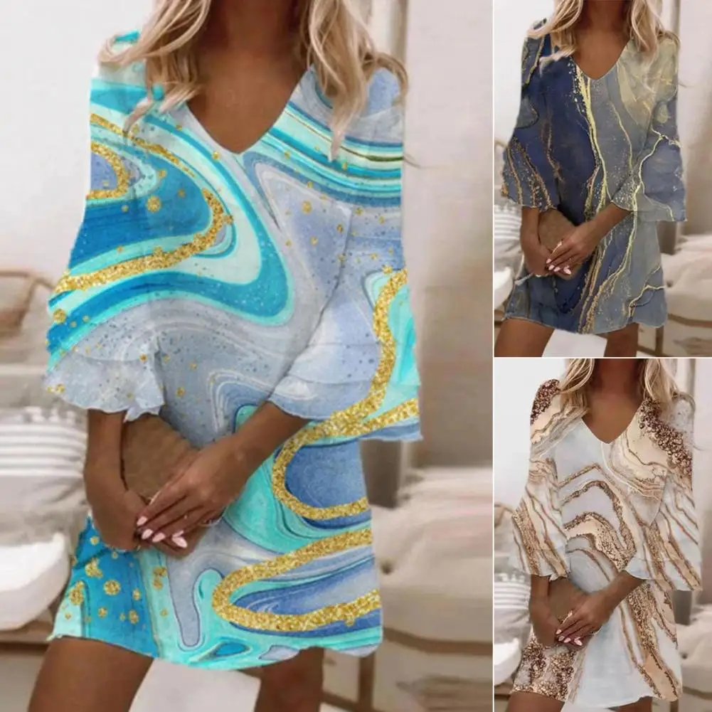 

Slim-fit Slim Dress Summer for Banquet Women Dress Marble Print Ruffles Sleeve Slim-fitting Above Knee for Banquet