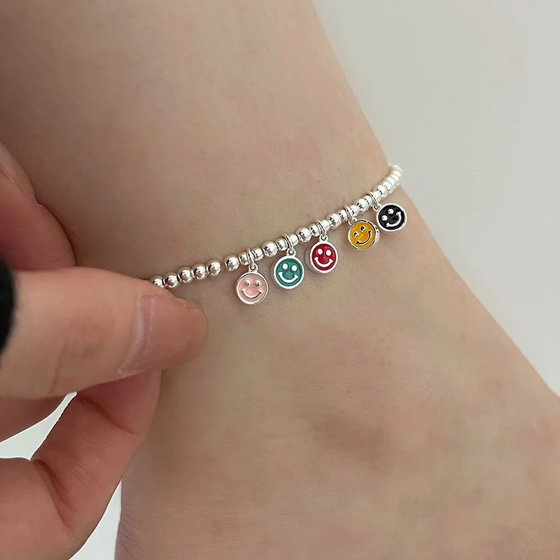 

S925 Sterling Silver Beaded smiling face Anklet women's day South Korea simple Sen series Handmade color f4004