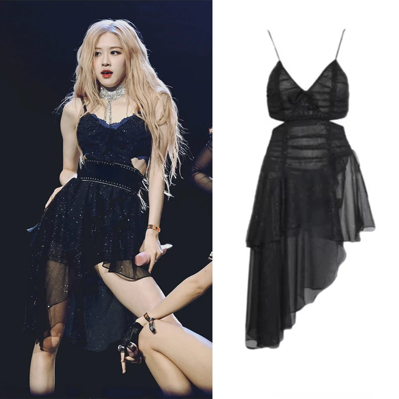 

Kpop ROSE Evening Party Black Sleeveless Backless Mini Dress Women Irregular Sexy Mesh Perspective Deep V-neck Sling Dresses