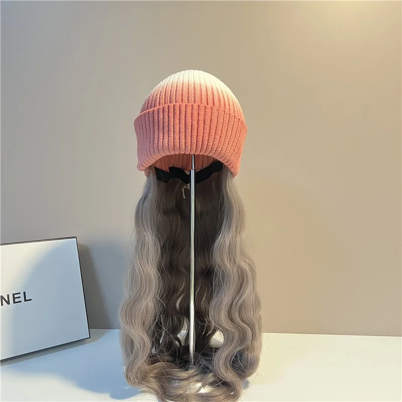 

Длинная женская шапка Y2k с париком, съемная шапочка с париком, вязаная женская осенне-зимняя теплая шерстяная зимняя шапка с вьющимися волосами
