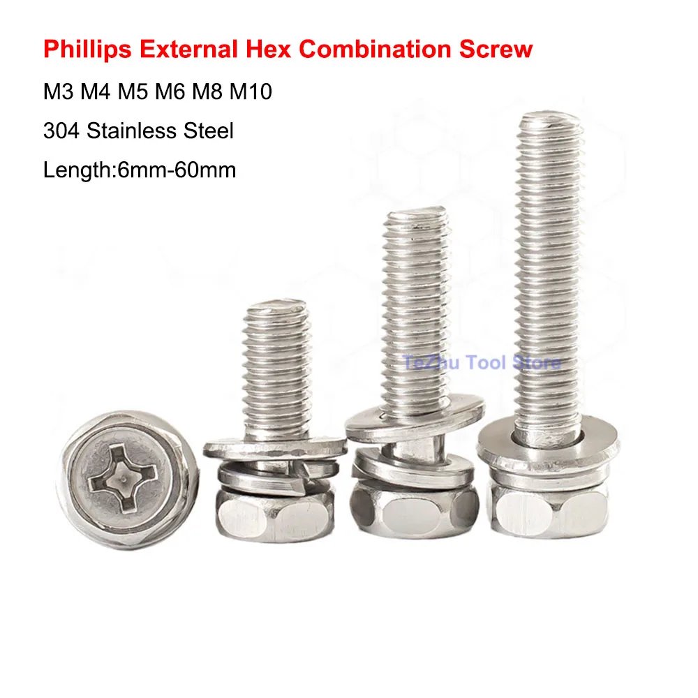 

Cross Recessed External Hex Combination Screw M3 M4 M5 M6 M8 M10 304 Stainless Steel Phillips Outer Hexagonal Bolt