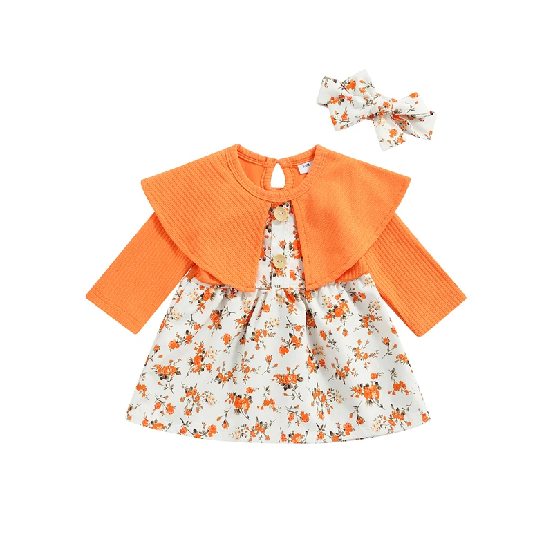 

Baby Girls Dress Set, Long Sleeve Shawl Neck Flower Print Dress with Bowknot Headband