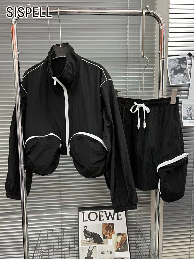 

Женский комплект из двух предметов SISPELL, Свободный Топ с воротником-стойкой и длинным рукавом, короткие брюки с высокой талией, женский кост...