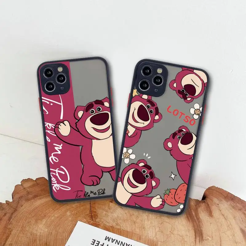

TOY Story Strawberry Bear lotso Phone Case For iphone 13 12 11 Pro Max Mini XS 8 7 Plus X SE 2020 XR Matte Transparent Cover