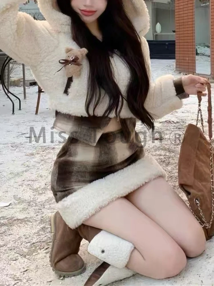 Зимние японские милые кавайные теплые комплекты из двух предметов женское милое