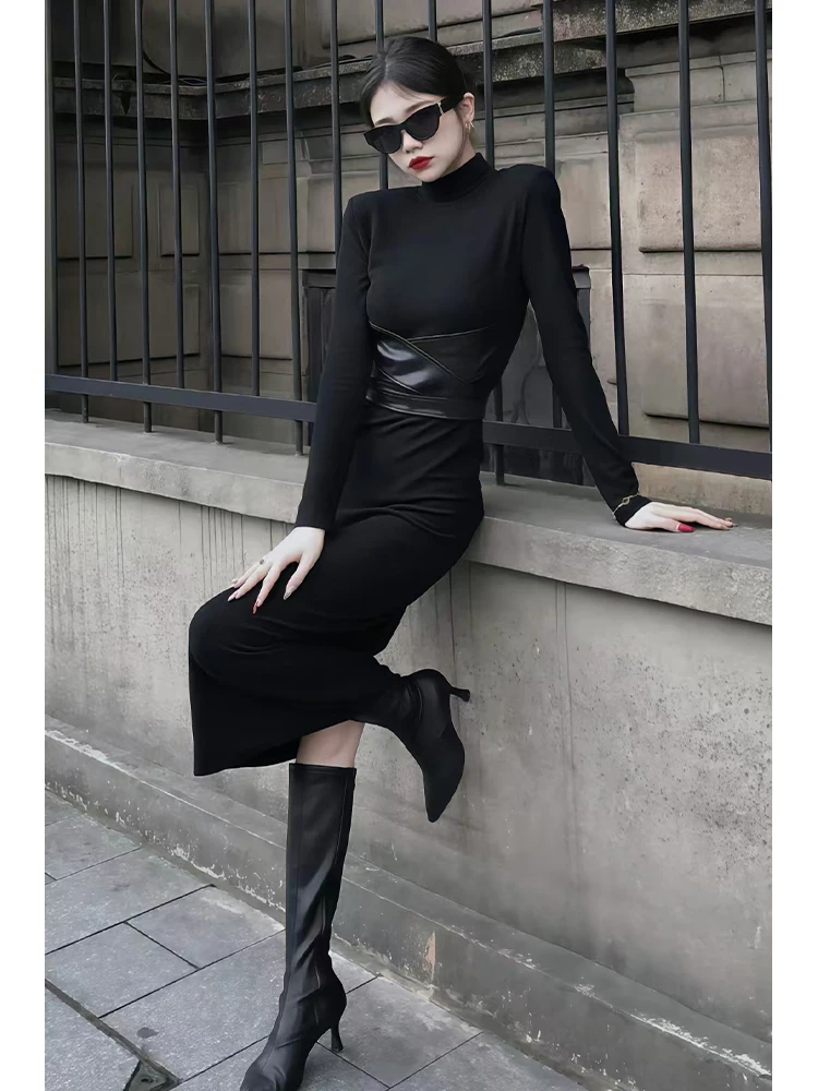Осеннее новое сексуальное высококачественное темпераментное черное платье с