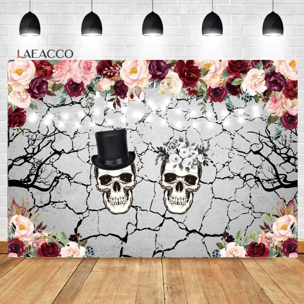 

Laeacco Dia de Los Muertos Baby Shower Day of The Dead Sugar Skull Pink Floral Girl Halloween Birthday Photography Backdrop