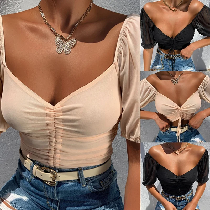 

Women's Fashion Sexy V-Neck Bare Navel Short Mesh Drawstring T-Shirt Tops