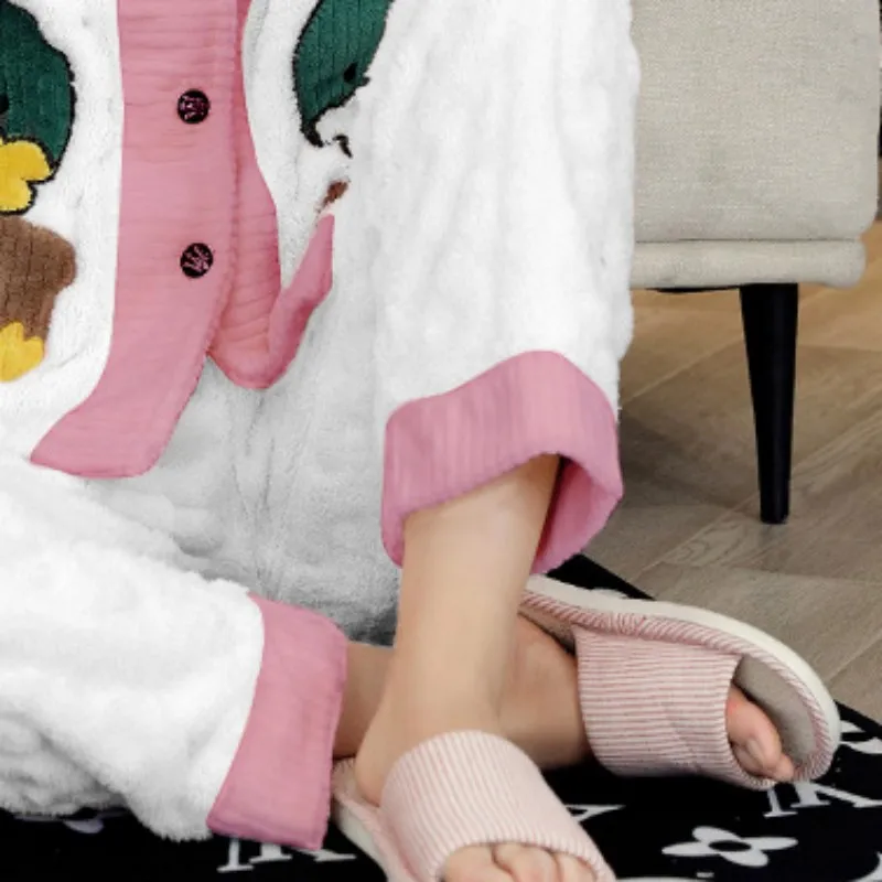 Women's Winter Warm Lapel Button Style Two Piece Pajamas Length To The Ankle Polyester Comfortable Leisure Wear With Pockets