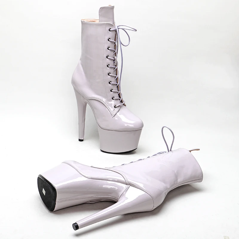 Leecabe 17CM/7inches Patent PU Upper  boots  lace up   High Heel   platform party shoes Pole Dance boot