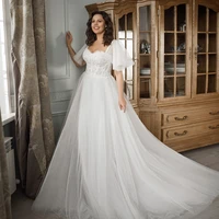 a line lace applique wedding gown woman square collar short sleeve bridal dress long tulle bride dress 2022 vestido de novia