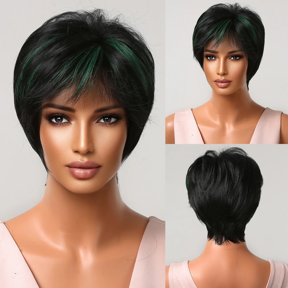

Black Green Highlight Hair Wig with Bangs Synthetic Short Pixie Cut Wigs for Women Afro Natural Heat Resistant Female Fake Hair