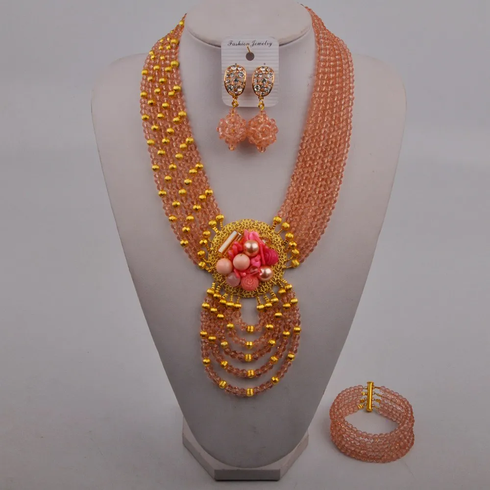 

Персиковый нигерийский Свадебный комплект ювелирных изделий с африканскими бусинами и кристаллами