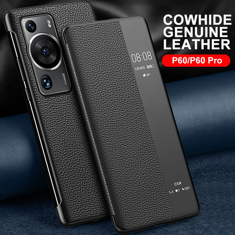 

Genuine Leather Flip Cover For Huawei P60 Pro P60Pro Case Original Mirror Smart Touch View Wake Sleep Up Protection Capa Fundas