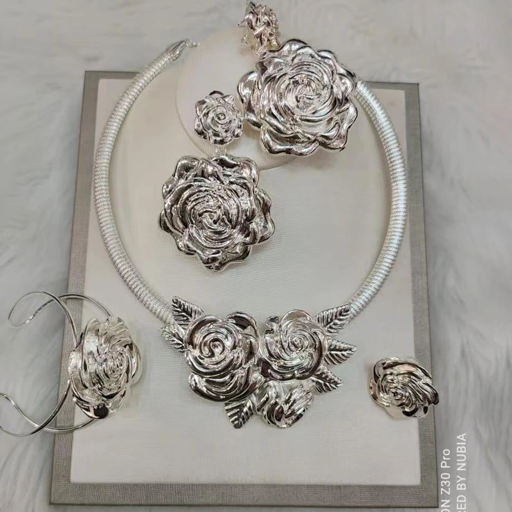 

Italian Silver Color Jewelry Necklace Earings Bracelet Ring Set African Bride Jewelry For Women Wedding Party Gifts
