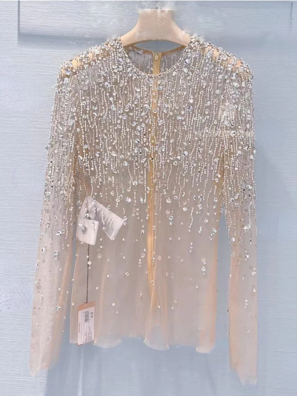 

2022 New Heavy Rhinestone Mesh T-Shirt for Women Industry Luxurious Beauty Diamond Mesh Outerwear Exquisite Top Femme