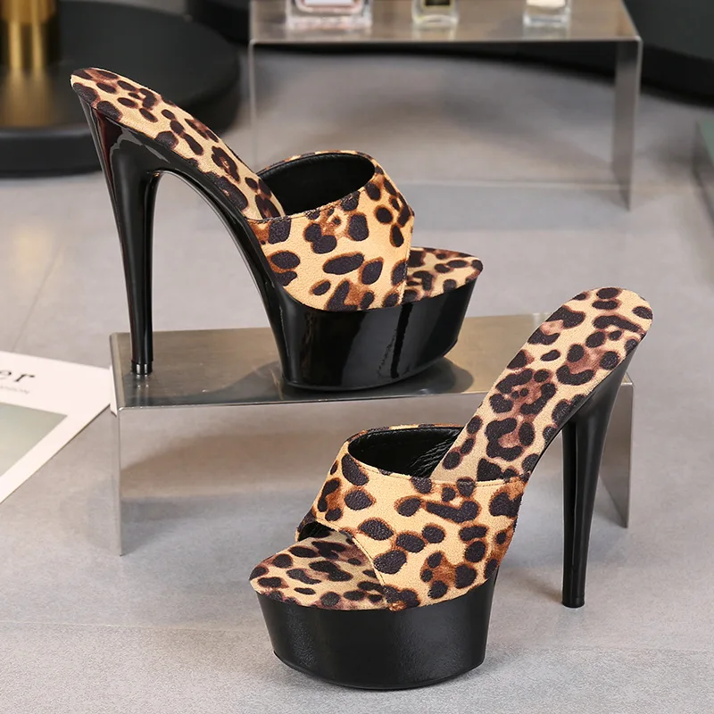 

15cm 13cm Stiletto Heels Nightclub Sexy High-heeled Slippers Leopard Ladies Slippers Thick Bottom Shoes Large Size Sandals Mules