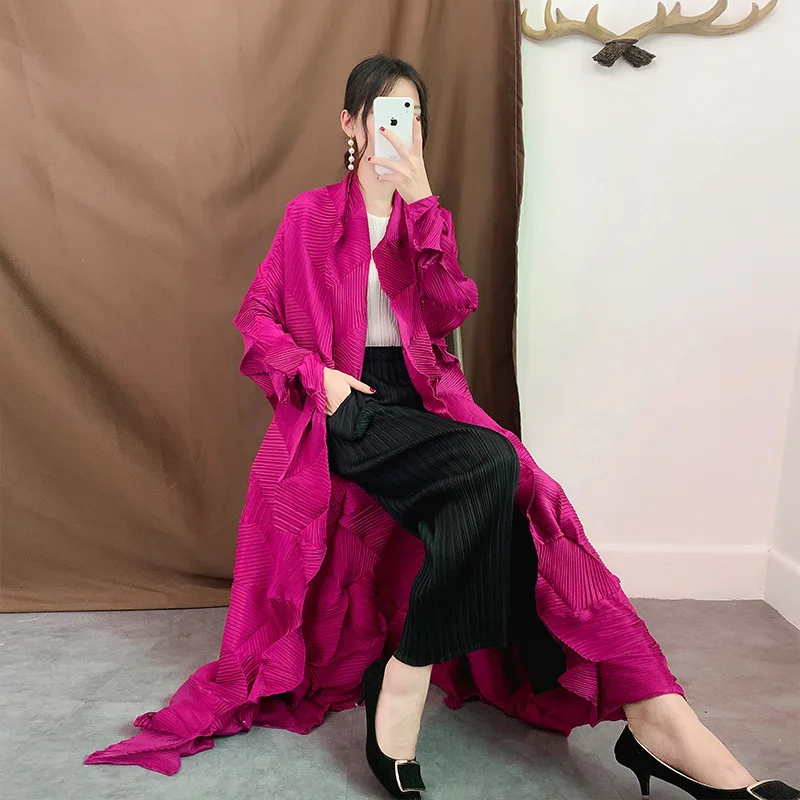 Women Luxury Rose red comfortable pleated trench coats Summer Long Length Elegant Ball Gown Cape Trench