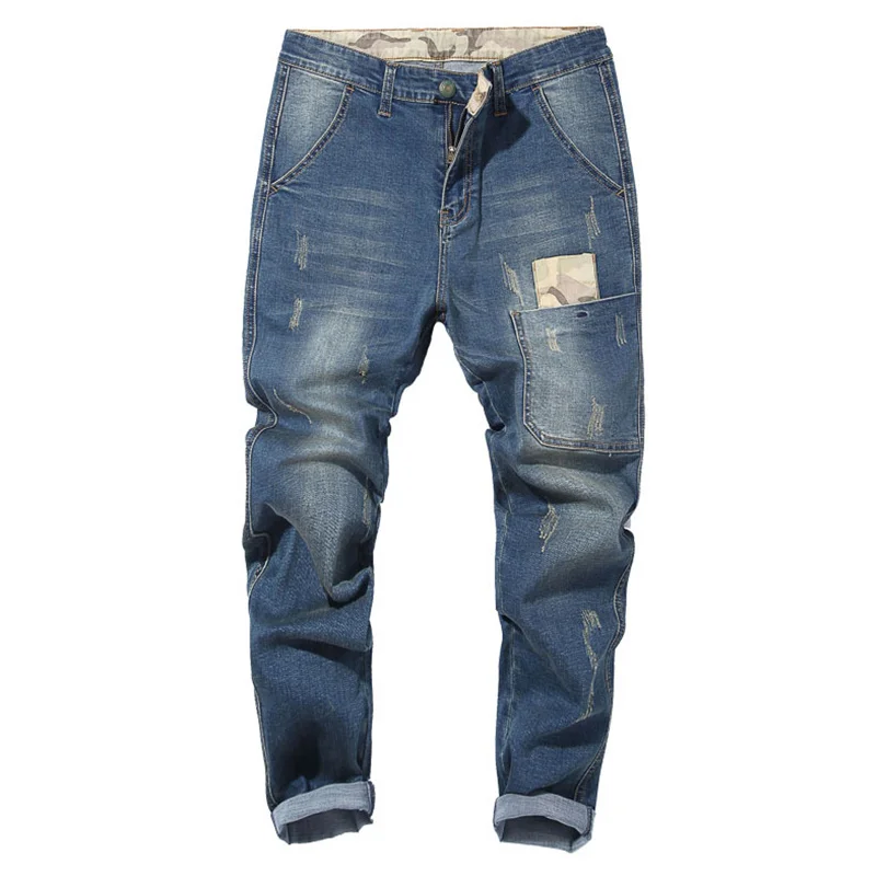 

Men's Jeans Patchwork Denim Harem Pockets Ripped Stretch Pants Black Blue Long Plus Size 48