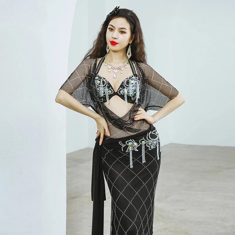 Черный костюм для танца живота Shaabi Baladi женский египетского групповой со стразами