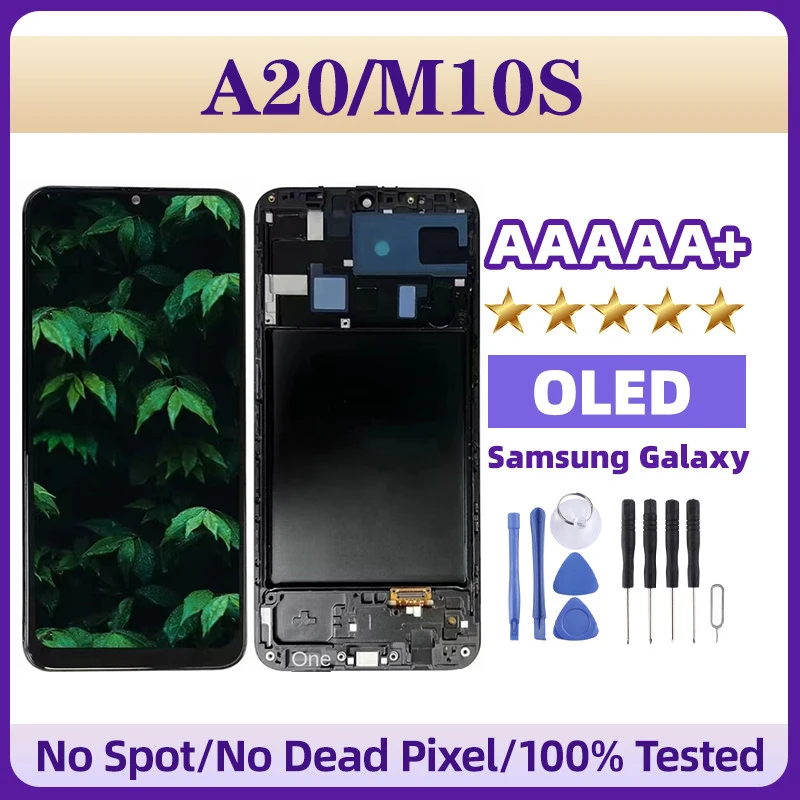 

Super AMOLED LCD Display Screen and Touch Digitizer Assembly with Frame for Samsung Galaxy A20 SM-A205 Phone Screen Replacement