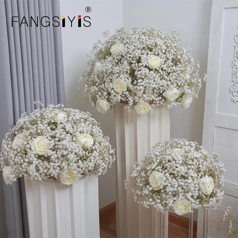 White Real Touch Gypsophila Baby Breath Artificial Flower Row Arrangement Wedding Table Centerpieces Floral Ball Window Display
