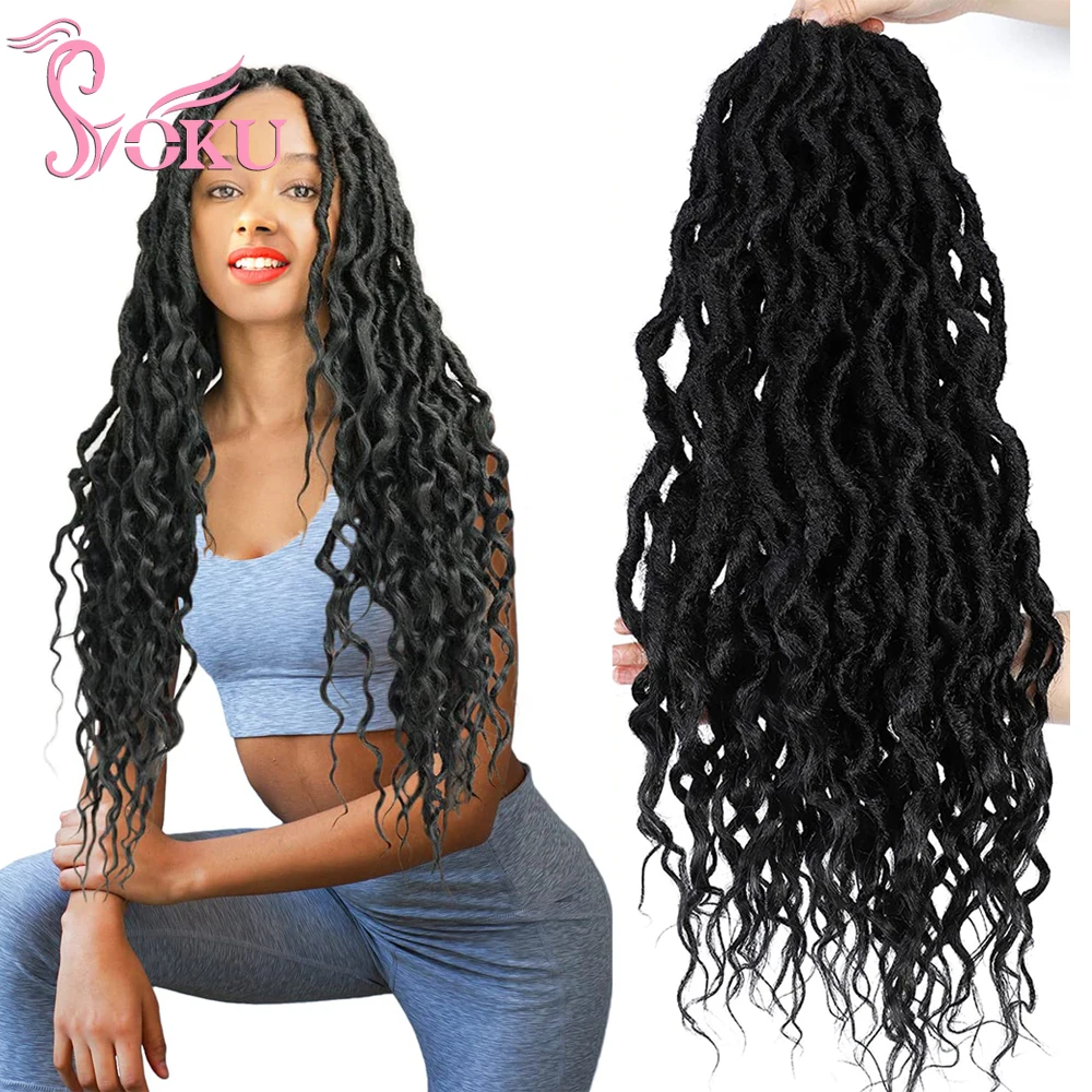 SOKU Wavy Faux Locs Crochet Braid Hair with Curly Ends Goddess Gypsy Locs Pre-Looped Synthetic Braiding Hair Extension Dreadlock