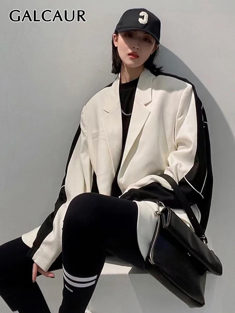 

GALCAUR Colorblock Patchwork Blazer Female Notched Collar Long Sleeve Casual Blazers Women Clothing 2022 Fashion New Spring