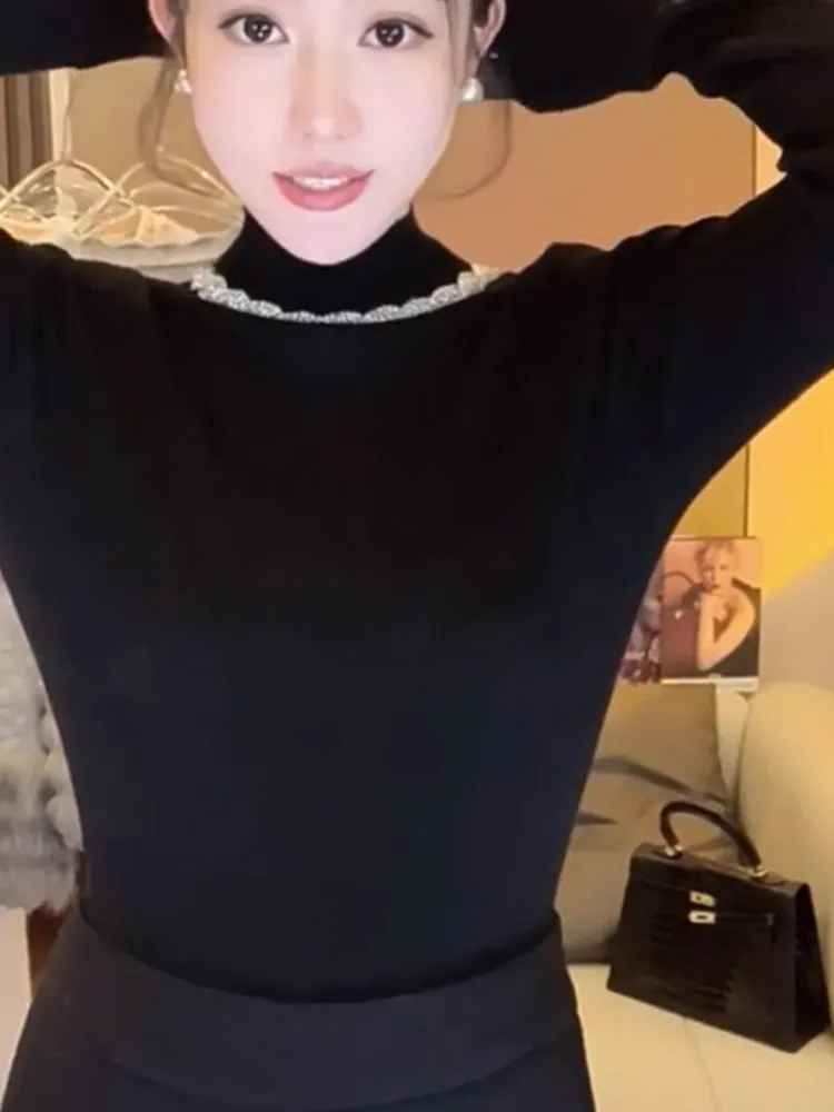 French sle Half-high Collar Beads Pullover Top Bottoming Shirt Western Sle Lace Stitching Long sleeve Knit Slimming High-End