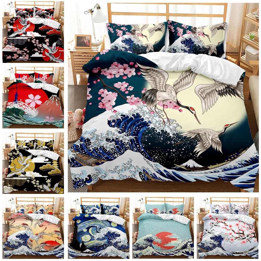 

Japanese Style Comforter Cover Set, Cherry Blossoms Crane Printed Decor Bedding Set, Sea Waves Duvet Cover Set Twin Queen Size