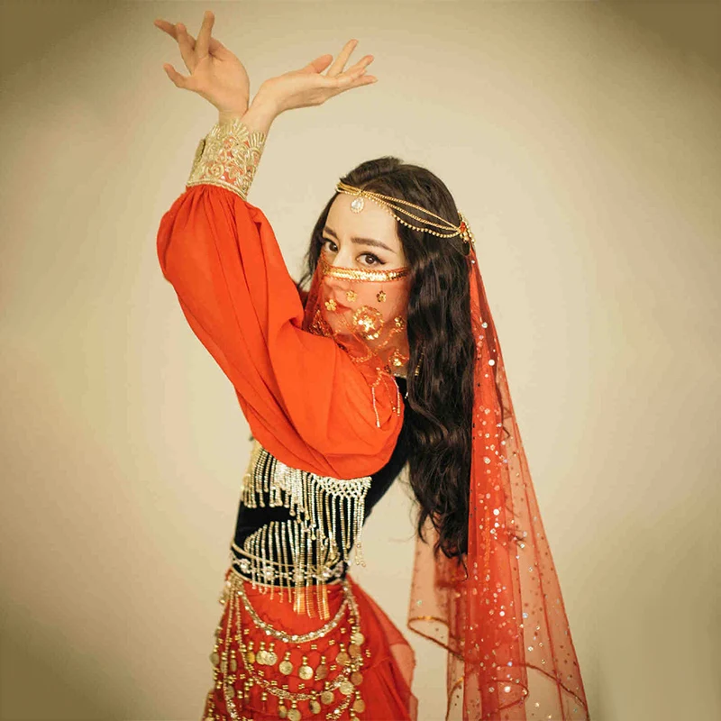Indian Belly Dancer Veil Accessories Chiffon Halloween Face Dress Up Beautiful with Sequins Dancing Sequin Fringe Accessories