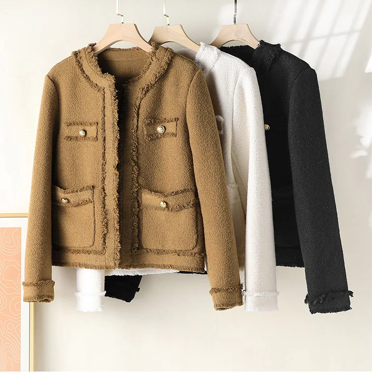 

WOOL POCKET DOUBLE SIDE WOOL COAT WOMEN'S French Elegant WOOL EDGE ROUND NECK LONG SLEEVE JACKET Autumn 2022
