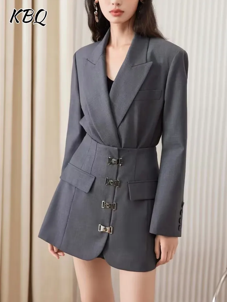 

KBQ Elegant Two Piece Sets For Women Notched Collar Long Sleeve Blazer High Waist Spliced Metal Buckle Skirt Solid Set Female