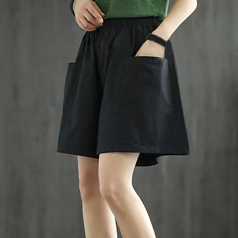 Women Casual Straight Pant Wide Leg Elastic Waist Solid Color Big Pockets Baggy Shorts Soft Loose Basic Fashion