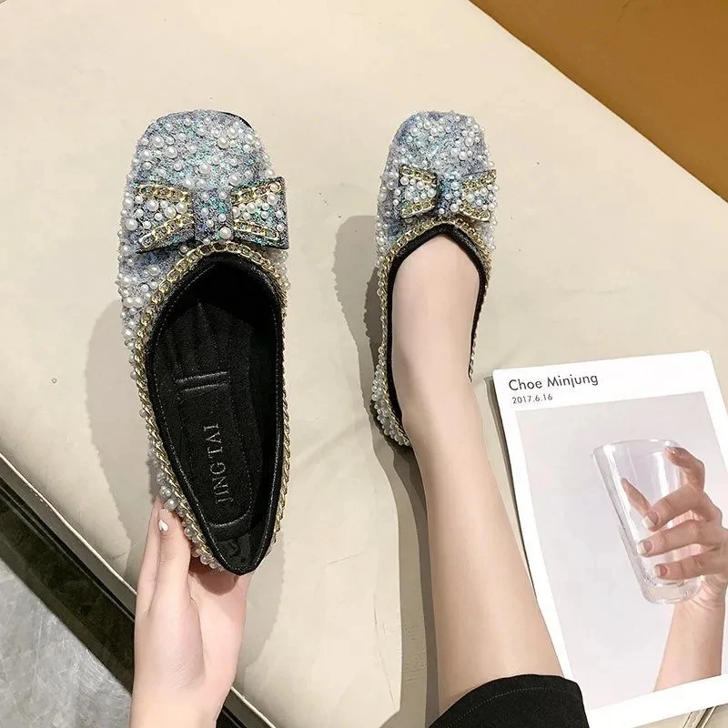 2022 new spring and autumn women's fashion pearl bow party women's shoes comfortable beaded round toe maternity flat shoes