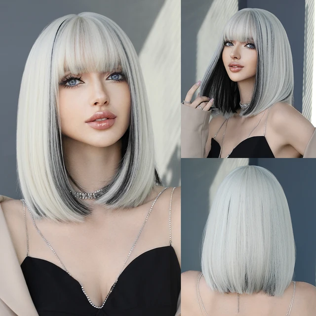 NAMM Short Straight Hair Bob Wig for Woman Daily Cosplay Lolita Wig Highlight Silvery Bob Wigs Synthetic Hair Heat Resistant 1