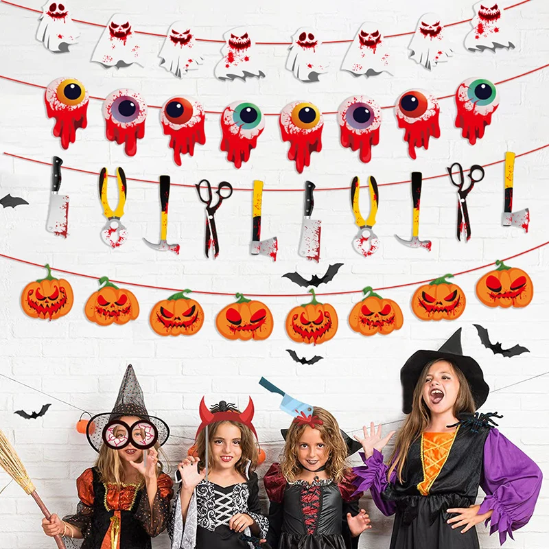 

Happy Halloween Decorations Party Paper Banner Skeleton Ghost Pumpkin Knife Hammer Eyeball Banner Halloween Party Decoration