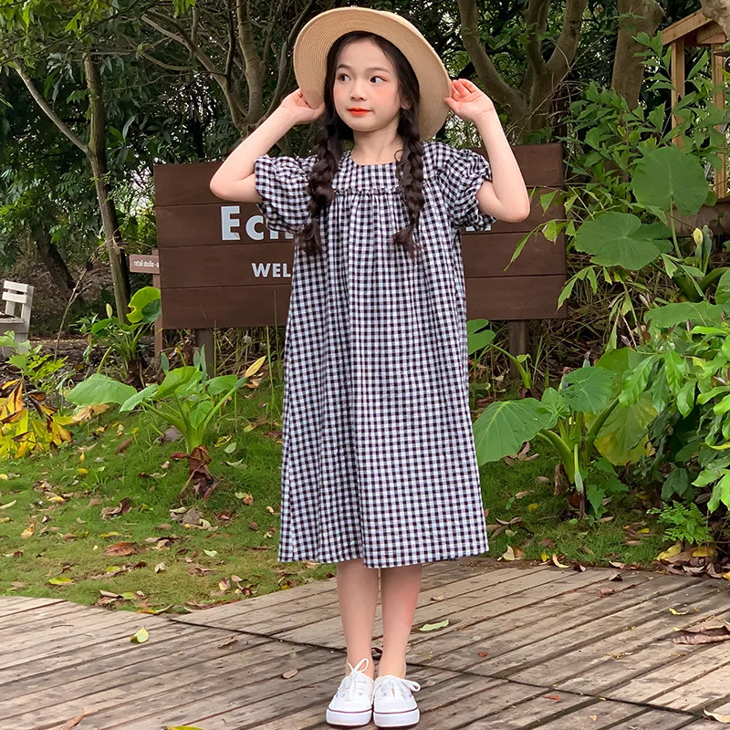 

Летнее клетчатое платье для девочек, новинка 2023, Детские хлопковые повседневные платья, детская одежда для отпуска, свободная, #7336