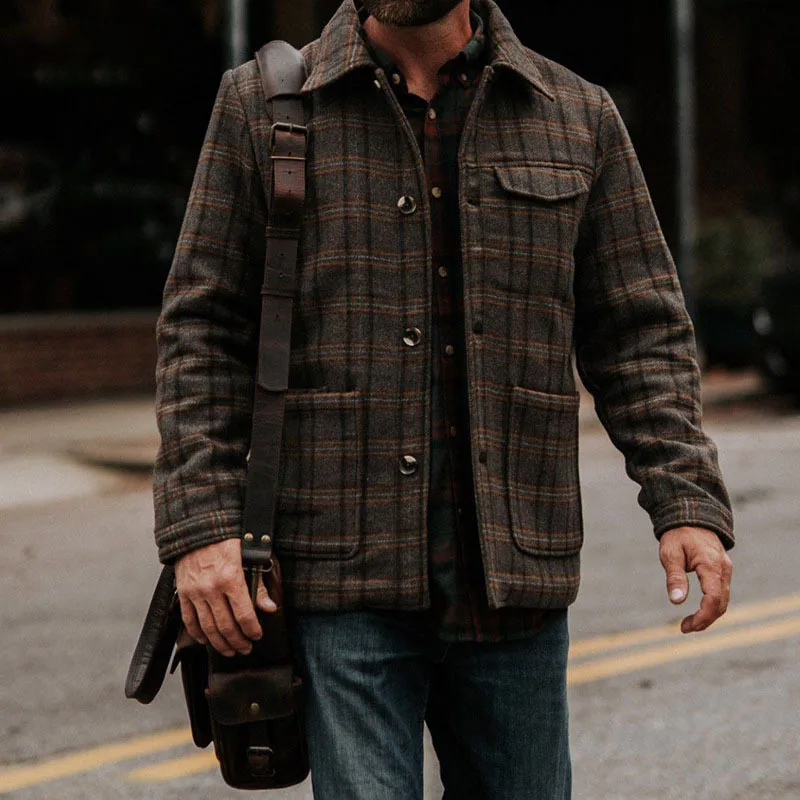 

Streetwear Mens Fashion Plaid Print Outerwear Spring Fall Leisure Turn-down Collar Buttoned Long Sleeve Jackets Men Casual Coats