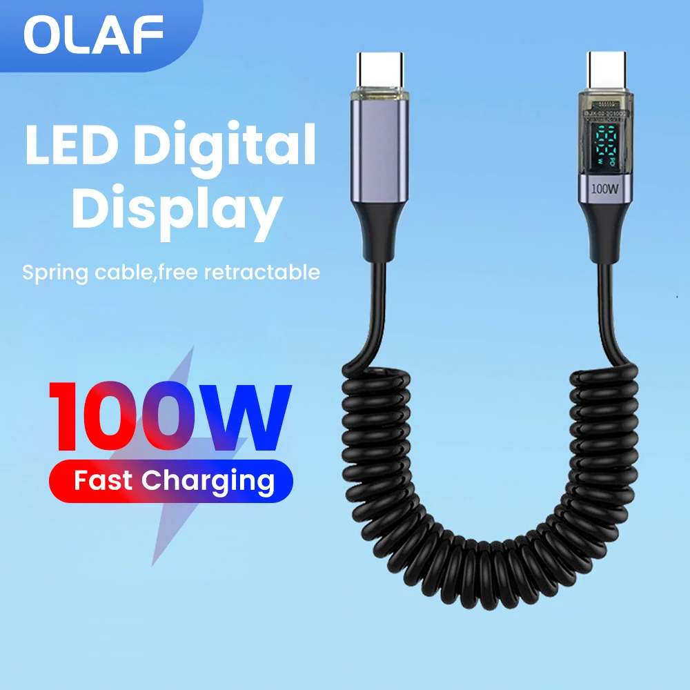 Фото Автомобильный Кабель Olaf PD 100 Вт с пружиной типа C на Тип C, провод для быстрой зарядки для iPhone 15 Huawei Xiaomi Samsung, светодиодный кабель с цифровым дисплеем №1