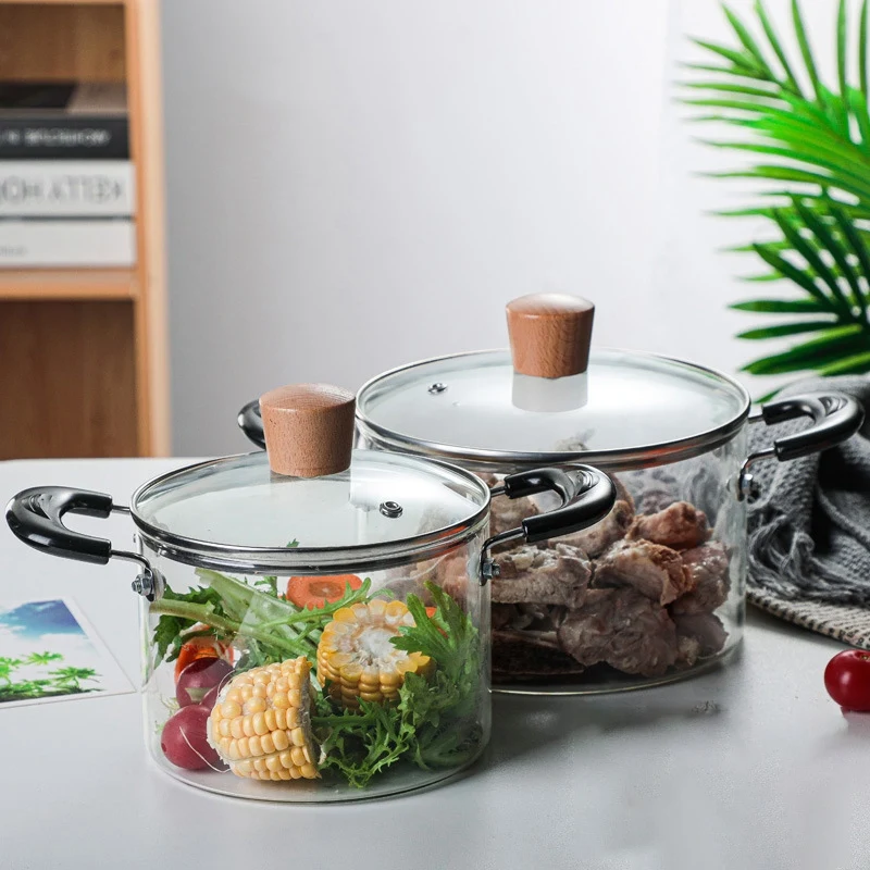 

Кастрюля для горячего супа, кастрюля для здоровья, кухонная огнеупорная прозрачная стеклянная кастрюля с двойной ручкой, Высокая кастрюля ...