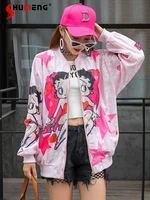 loose cartoon anime lace printed baseball uniform cropped jacket womens heavy embroidery hot drilling fashion pink short coat