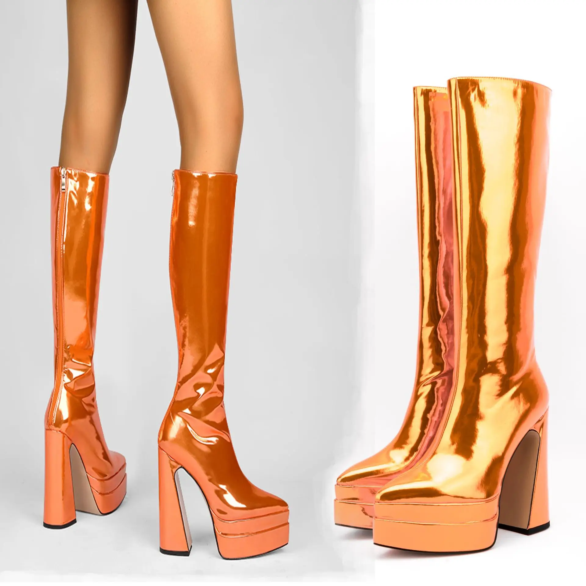 

Orange patent leather sexy shiny face thick sole Western denim boots pointed and thick waterproof platform western denim boots