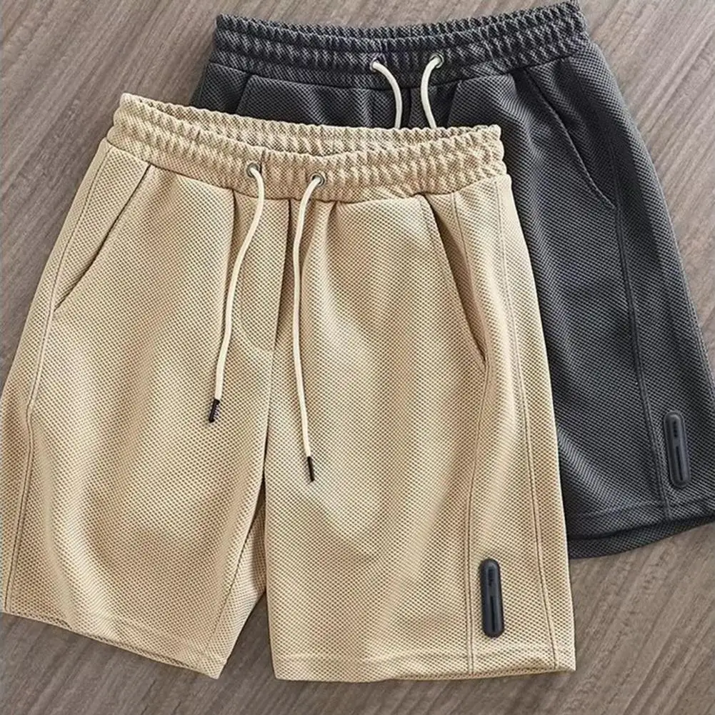 

Men Summer Shorts Straight Solid Color Mid Waist Waffle Texture Loose Daily Wear Deep Crotch Drawstring Men Shorts Male Clothes